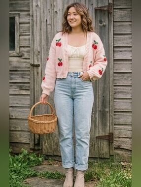 Cottagecore Cherry Embroidered Oversized Chunky Knit Cardigan